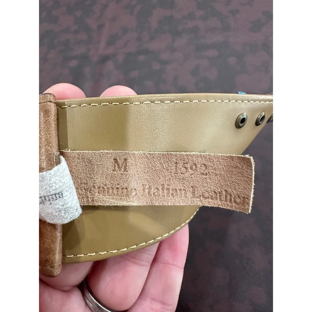 Genuine Italian Leather Turquoise Studded Boho D-Ring Belt Tan Brown Medium